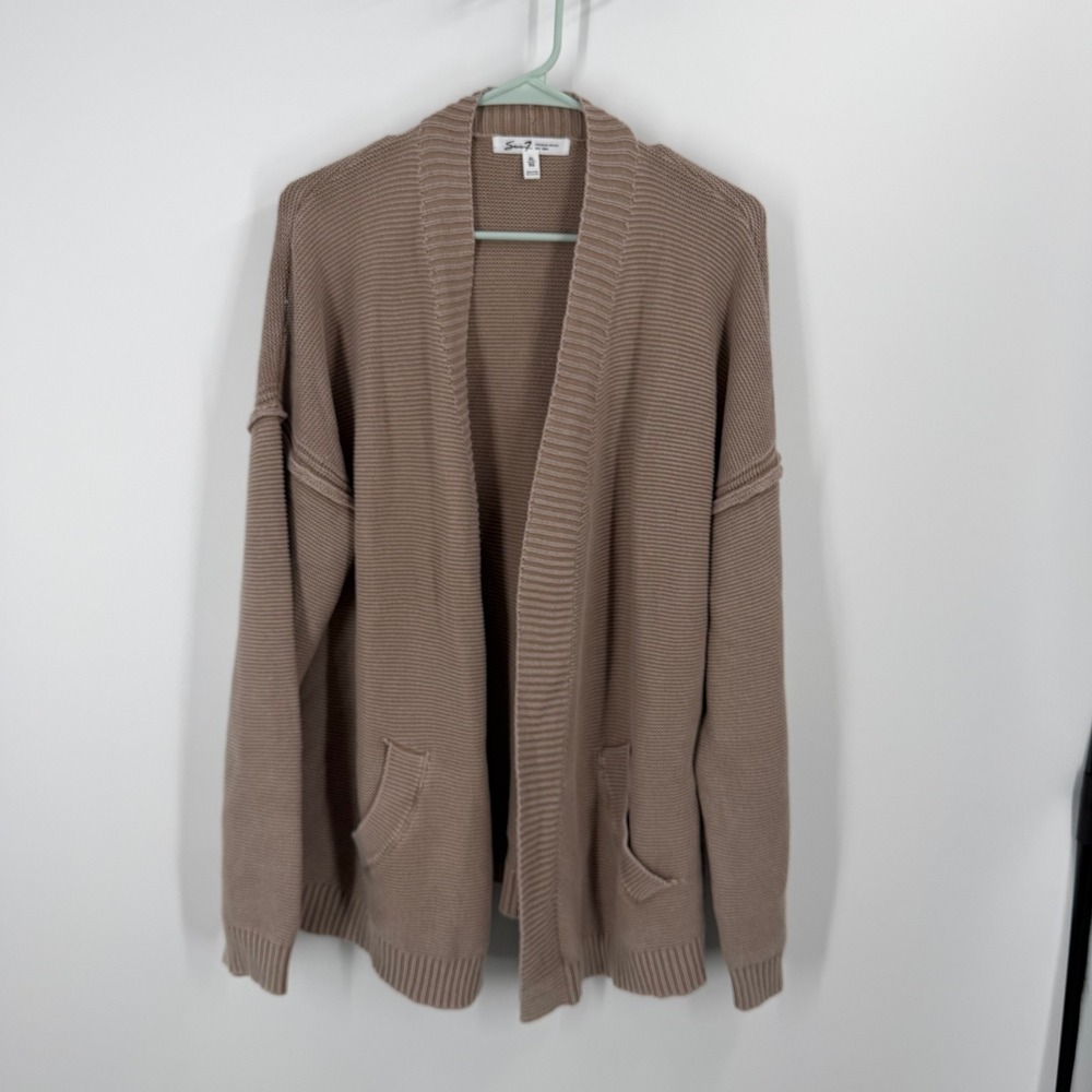 Seven 7 Cardigan Sweater Women XL Tan Brown Ribbed Open Front Pockets